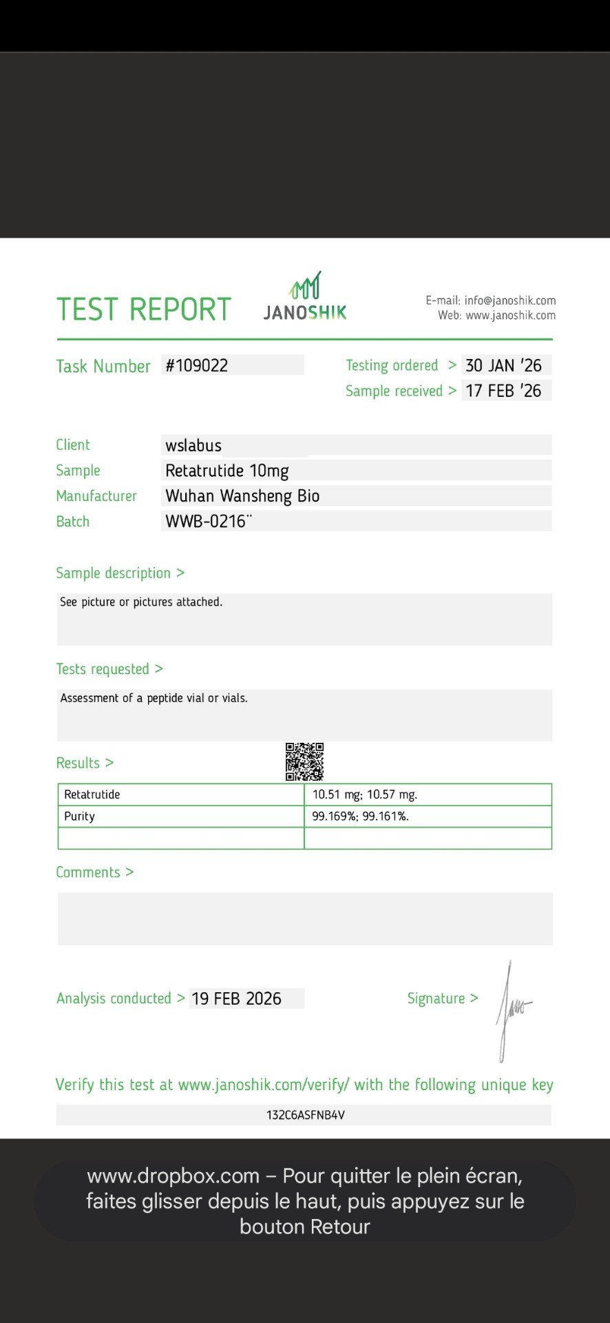 Certificat d'analyse Retatrutide 10 mg