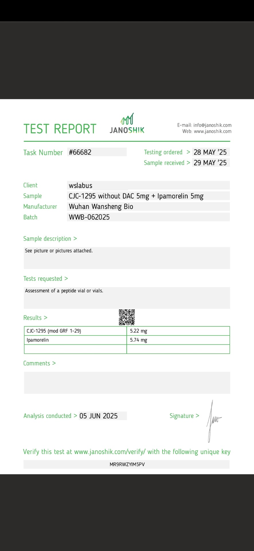 Certificat d'analyse CJC-1295 + Ipamorelin 5 mg + 5 mg