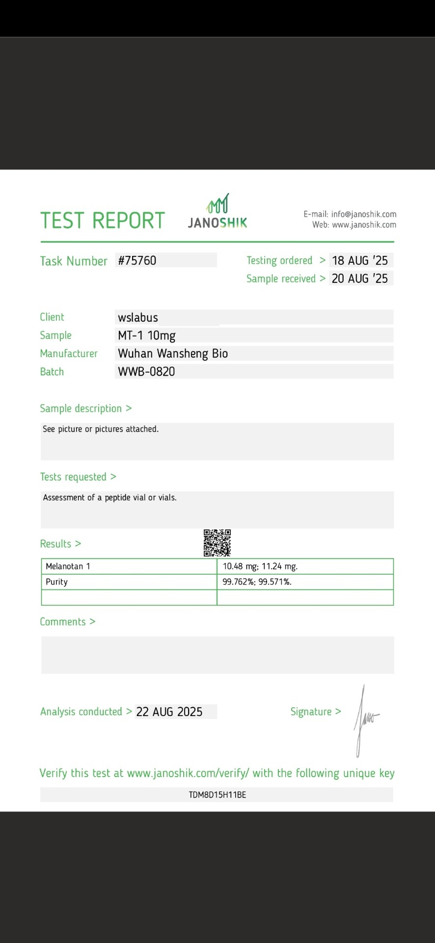 Certificat d'analyse Melanotan I 10 mg