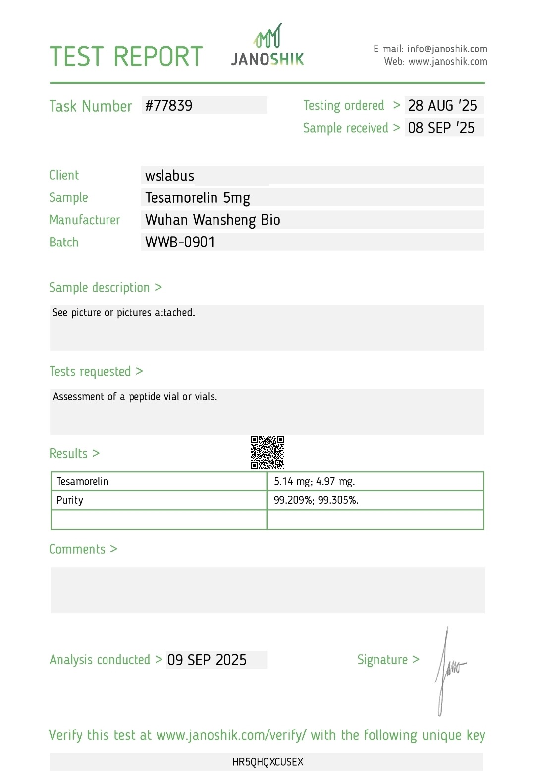 Certificat d'analyse Tesamorelin 10 mg