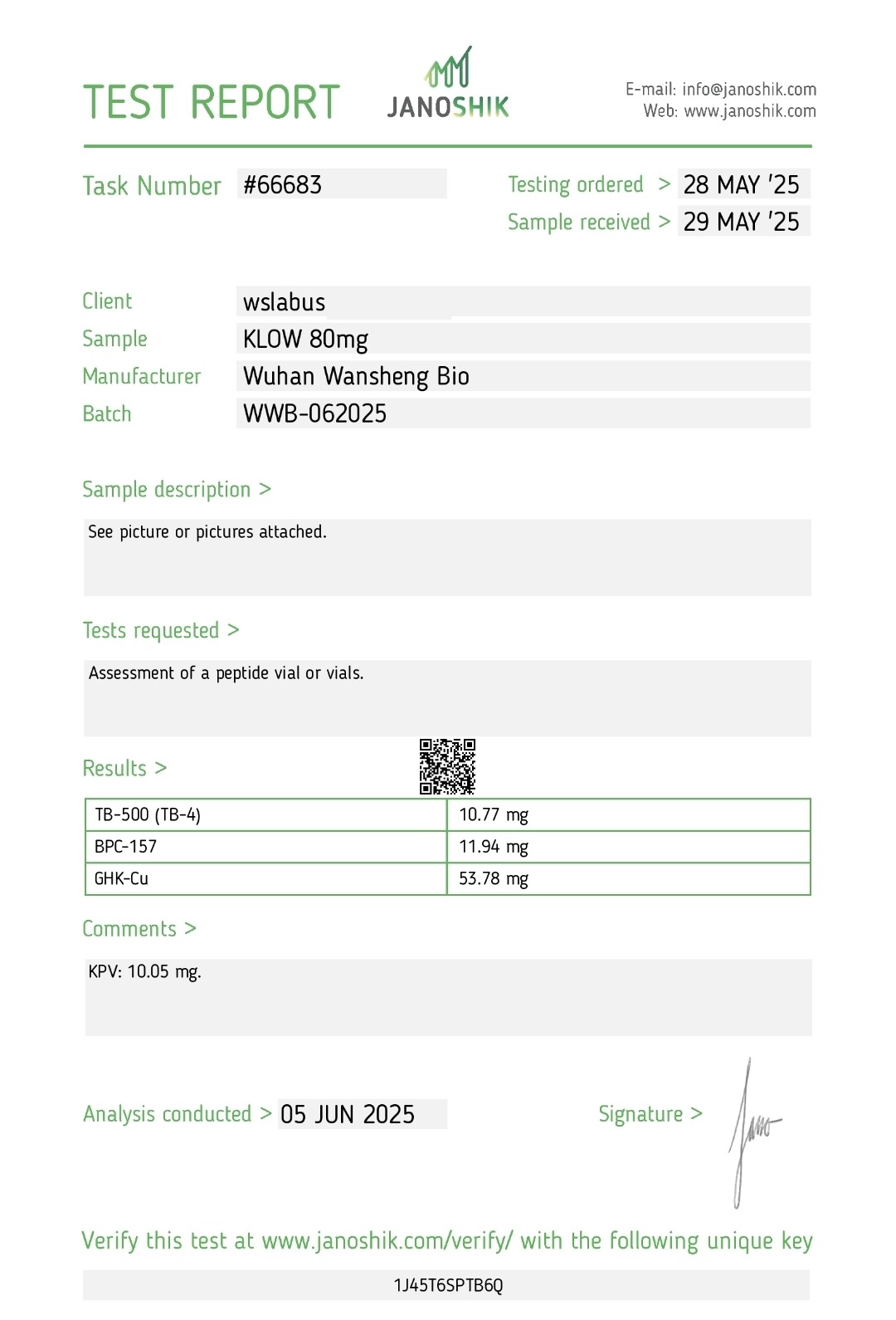 Certificat d'analyse KLOW 80 mg