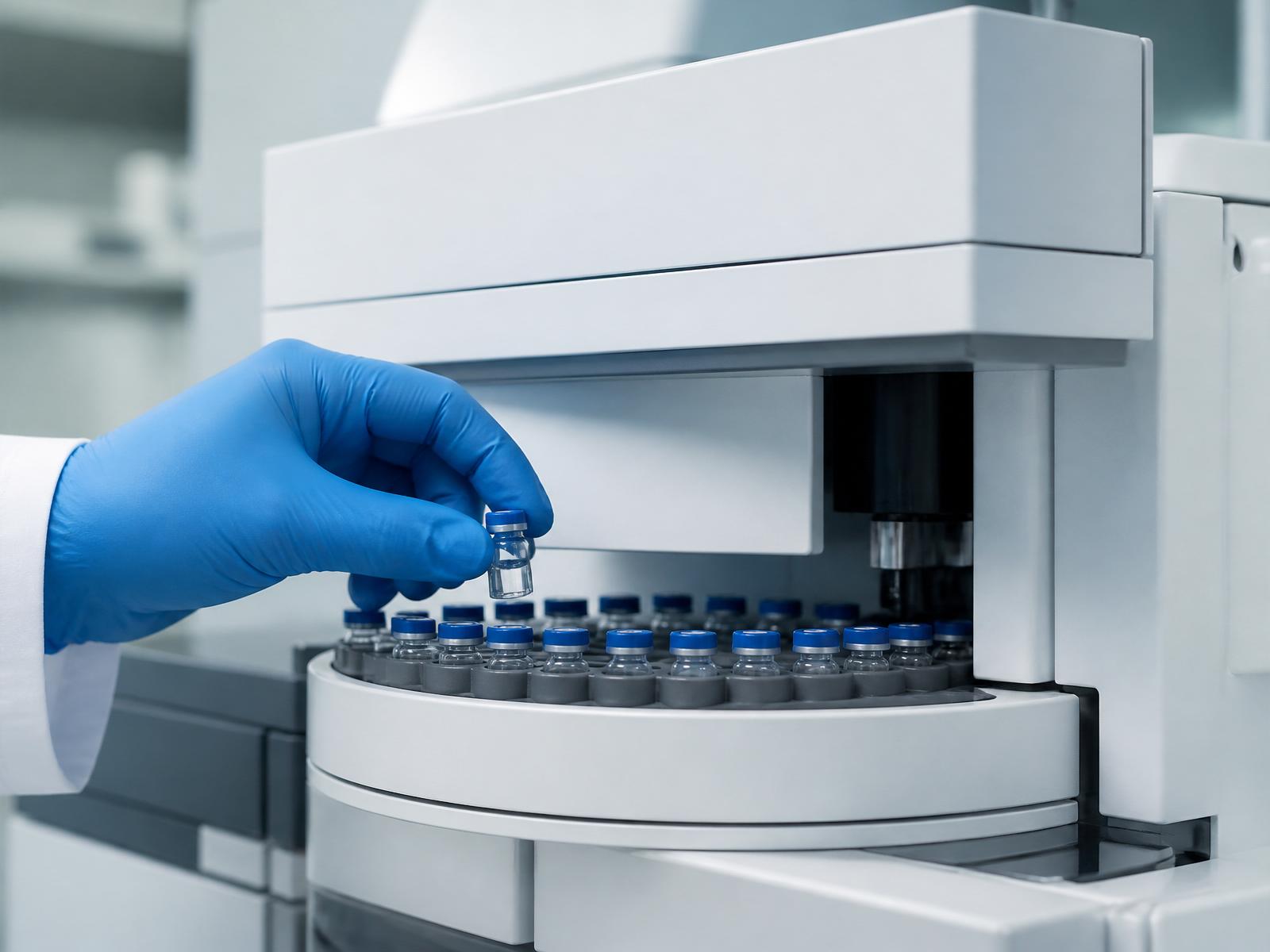 Analyse HPLC — chargement d'un flacon de peptide sur un passeur d'échantillons